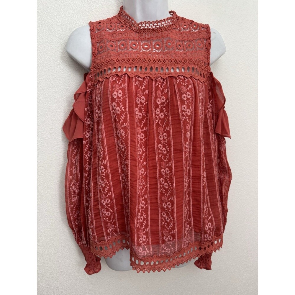 Champagne & Strawberry Blouse Orange Embroidered Romantic Lace Size M EUC